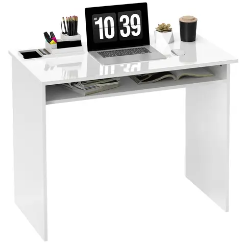 HOMCOM Modern Computer Desk, Home Office Table, Small Writing Desk with Storage Shelf, 90 x 50cm High Gloss White