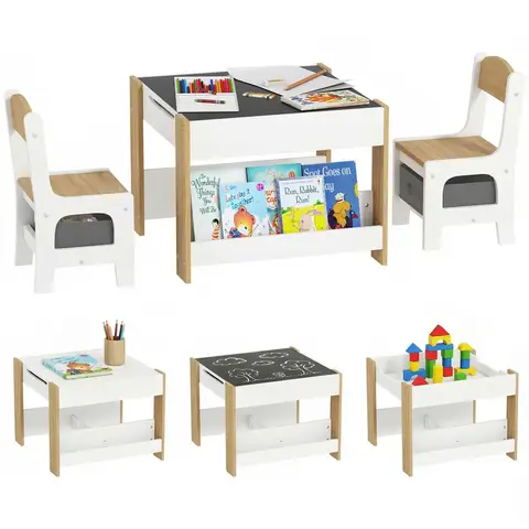 HOMCOM 3 Piece Kids Table and Chair Set, 3 in 1 Design Kids Desk and Chair Set with Blackboard, Storage, Bookshelves, for Nursery, Playroom, Classroom - Natural Wood