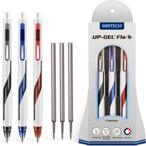 WRITECH Lot de 3 stylos à encre gel rétractables avec pointe moyenne 0,7 mm et recharges - Noir/Bleu/Rouge