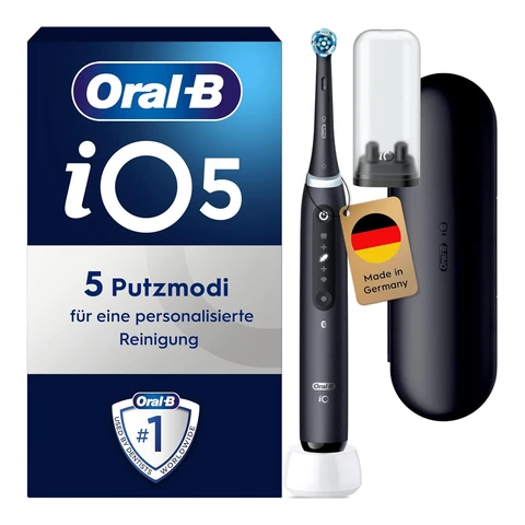 Oral-B iO Series 5 Elektrische Zahnbürste/Electric Toothbrush, Magnet-Technologie, 5 Putzmodi für Zahnpflege, LED-Anzeige & Reiseetui, Designed by Braun, Schwarz