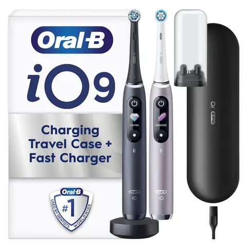 Oral-B iO9 Adult Electric Toothbrushes For Adults, Duo Pack, 2 Toothbrush Heads & Charging Travel Case, 7 Modes with Teeth Whitening, 2 Pin UK Plug, Black & Rose Quartz