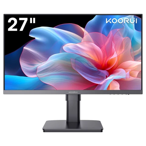 KOORUI Monitor 27 Zoll, PC Bildschirm Rahmenlos (FHD 1920 * 1080, IPS, 100Hz, HDMI 1.4 & VGA, VESA 75 * 75mm,Eye Care) Höhenverstellbar, Drehbare