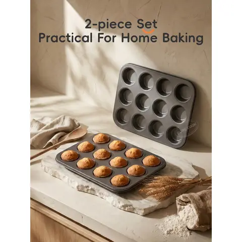 PURECOOK Moule à Gâteau en Acier Carbone | Gris | 12 Cavités | Lot de 2 Moules Carrés Antiadhésifs