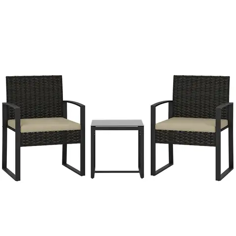 Outsunny 3 Piece Rattan Bistro Set, PE Wicker Garden Furniture Conversation Set, Tempered Glass Bistro Table and Chairs with Cushions for Patio, Balcony, Porch, Khaki