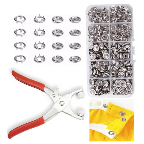 100pcs  Metal Prong Ring Snap Fasteners  silver Press Studs Stainless Steel Plier DIY Clothes Tools，Free button storage box