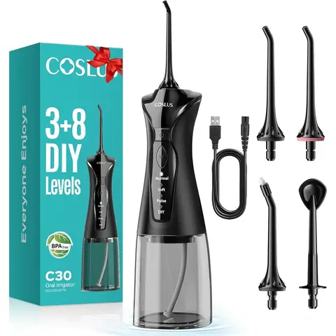 COSLUS Water Teeth Flosser Picks: 4 Modes Cordless Irrigator 300ML Portable Electric Flossing Machinerie for Teeth Cleaning Rechargeable Waterproof Tooth Pick Set Cleaner for Travel Home C30