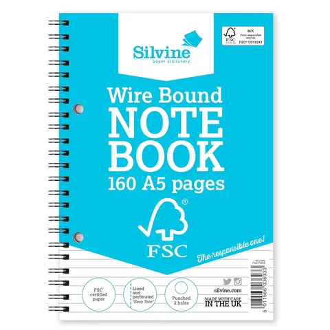 Silvine FSC A5 Wirebound Notebook, Pack of 5