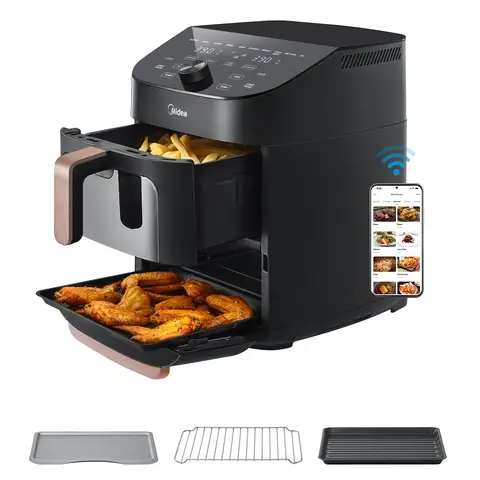 Midea Heißluftfritteuse, doppelstapel, überlappender airfryer, intelligente wlan-synchronisierung mit Alexa, 11 l XL, platzsparende vertikale bauweise, 10-in-1 korbgrill, pfanne & backfunktion für 3-8 personen, 2400 W