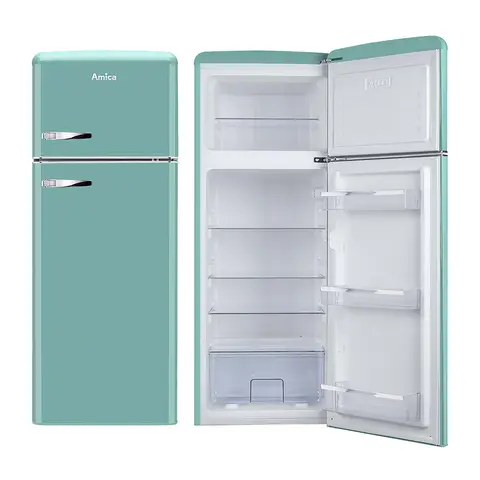 Amica FDR2213DB Retro Style Top Mount Fridge Freezer – Cream | 55cm Wide | 144cm High | E Energy Rated | Chrome Handles