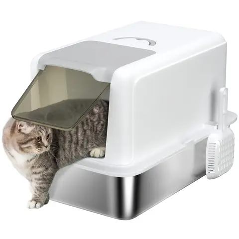 PawHut Stainless Steel Cat Litter Box, Extra Large Metal Cat Litter Tray with Lid, Scoop, Filter Bags, White White