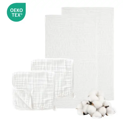 LeBonsoir 100% Cotton Towels Set， Muslin Cloths for Baby， Soft 6-Layer Cotton for Delicate Skin - Bath Towel 70 x 140 cm， Washcloth 30 x 50cm - Absorbent， Durable， Gentle Wash Cloth for Newborns and Toddlers - White，Pack of 4 ( 2pcs Bath Towels & 2pcs Washcloths)