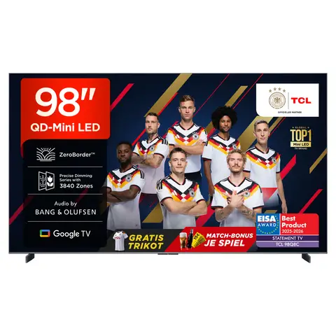 TCL 98Q8C 98 Zoll QD-Mini LED Fernseher, 4K HDR Premium 5000, ZeroBorder, Smart Google TV CrystGlow WHVA-Panel, Audio von Bang und Olufsen, 144Hz Motion Clarity Pro, Dolby Vision IQ und Atmos