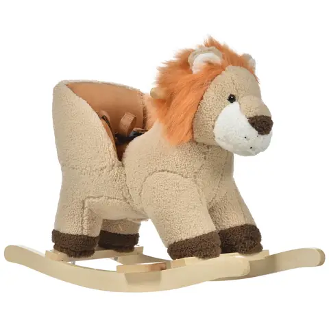HOMCOM Baby Rocking Horse, Plush Ride on Lion Seat for Toddlers 18-36 Months with Sound, Seat Belt, Wood Base, Animal Rocker for Children, Brown