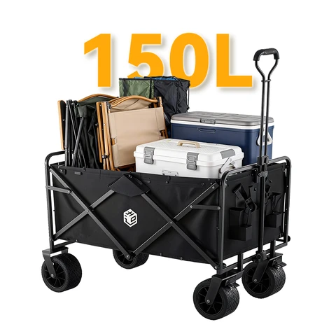 ochama Outdoor Campingwagen mit Rollen, faltbarer Bollerwagen für Selbstfahrer-Camping & Picknick, Anhänger, 150L, Schwarz