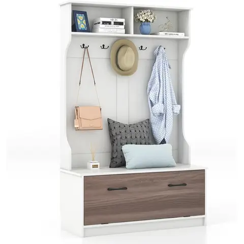 COSTWAY 63 Inches Hall Tree with Coat Rack and Storage Bench-White