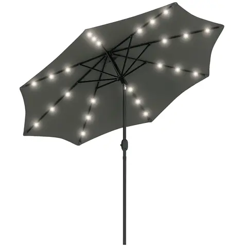 Outsunny 2.7m Patio Garden Umbrella Outdoor Parasol Outdoor Market Table Umbrella with Tilt Crank and 24 LEDs Lights (Grey)