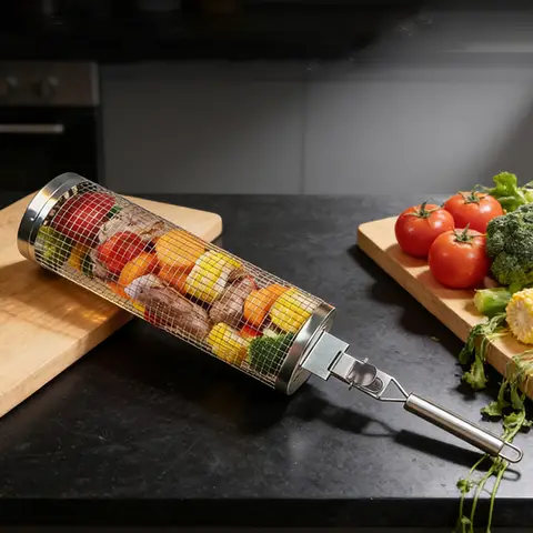 Huacan ronde rollende barbecuemand, afneembaar roestvrijstalen barbecuerooster, rookbarbecuetool, draagbaar voor buiten, 1 stuk