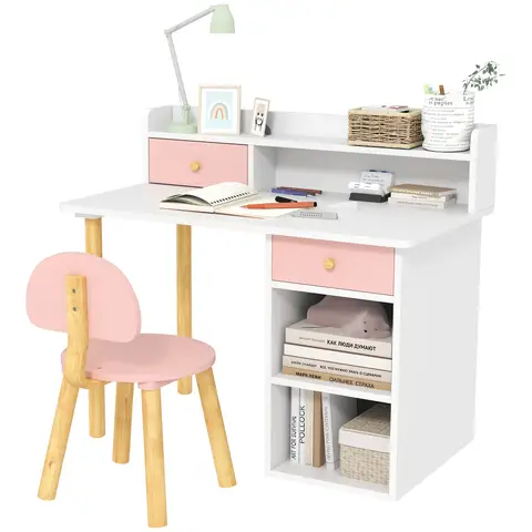 AIYAPLAY Kids Desk and Chair Set, Children Study Table with Hutch, Storage, Drawer, Shelves, for Studying, Reading, Drawing, for Ages 3-8 Years, Pink