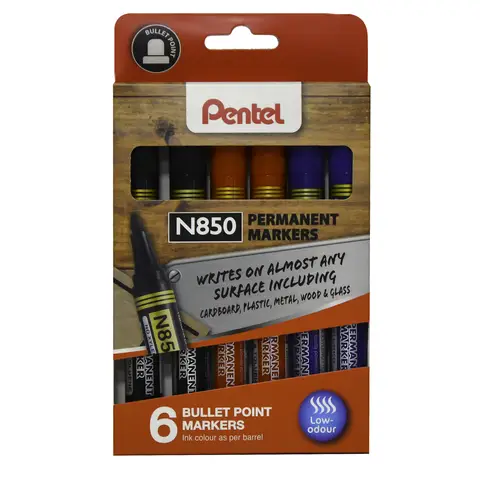 Pentel N850 Permanent Marker Bullet Tip Assorted Pack of 6