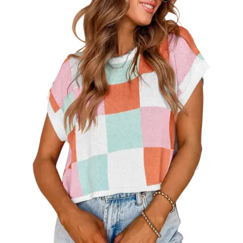 Women's Cap Sleeve Crop Tops Summer Color Block Going Out Crew Neck Knit Trendy Casual Sweater (pink, XL)
