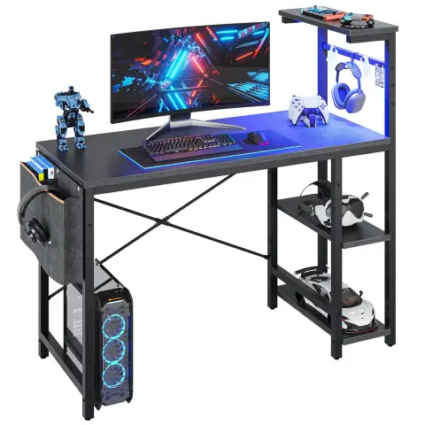 Bestier Computertisch Gamingtisch, Computertisch mit LED & Regal (113/140/155 cm, Verstellbarer Schreibtisch Rechts oder Links, Bürotisch mit LED-Beleuchtung), für Heimbüro, Raum