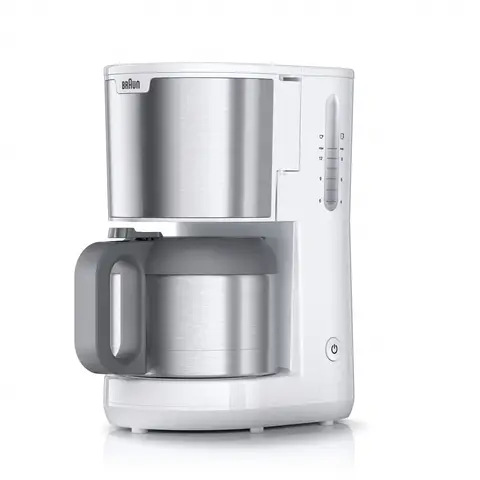 Braun PurShine KF1505 WH Filterkaffeemaschine, 1,2 l Edelstahl-Thermokanne für bis zu 9 Tassen, OptiBrew-System, Tropf-Stopp-Funktion, schwenkbarer Filterkorb, automatische Abschaltung, 1000 W, weiß