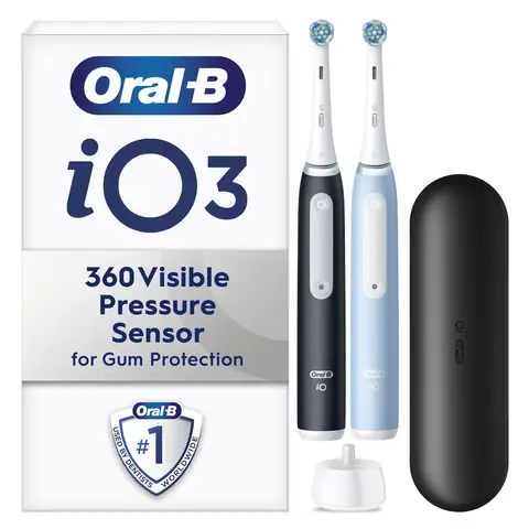 Oral-B iO3 Adult Electric Toothbrushes, Duo Pack, 2 Toothbrush Heads & 1 Travel Case, 3 Modes With Teeth Whitening, 2 Pin UK Plug, Black & Blue