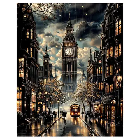 JU7CER Rainy Night Street View Diamond Art Set for Adults | Home Wall Decoration 30×40cm / 12×16 Inch (271)
