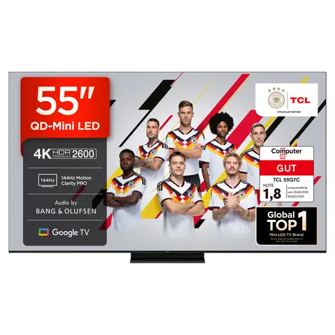 TCL 55Q7C QLED Mini LED Fernseher, 55 Zoll, 4K HDR Premium, Dolby Vision IQ & Atmos, Smart TV mit Google TV, Bang & Olufsen 6.2.2 Sound, 144Hz VRR, AMD FreeSync Premium Pro, HDMI 2.1, AirPlay 2, Alexa, IMAX Enhanced