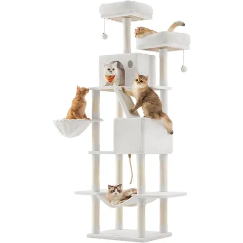 Feandrea Katzenkratzbaum Höhe 206 cm mit 13 Kratzstangen, 2 Plattformen, 2 Höhlen, Korb, Hängematte, Quaste, Plüschstoff, Mehrere Ebenen für Hauskatzen, Creme-Weiß, PCT190T01