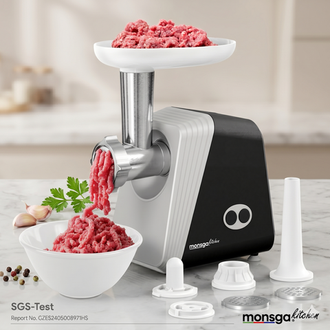 Monsga G100 Multifunctional Meat Grinder, 300W Electric Mincer with 1200W Max Power, Reverse Function & Cord Storage, Includes 3 Cutting Discs, Sausage Stuffer, Kibbeh & Cookie Maker for Home Kitchen