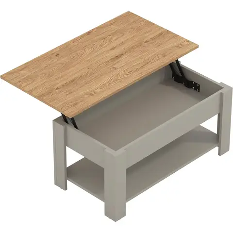 Galano Brixburn Lift Up Coffee Table with Hidden Storage & Shelf, Modern 2-Tier Space Saving Living Room Centre Table, Engineered Wood, Light Grey Oak Finish, 89.5 x 49.5 x 40 cm