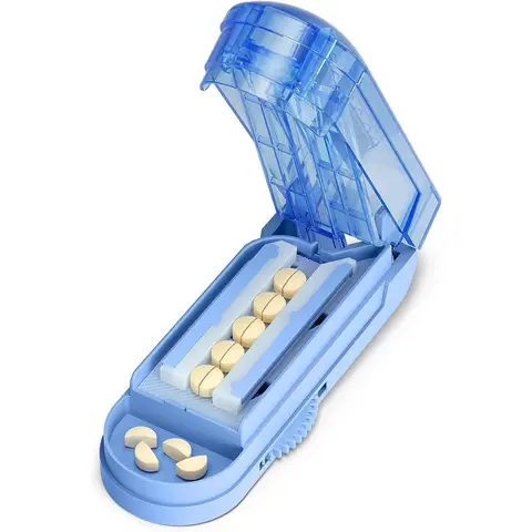 VVM Pill Cutter Splitter for Small and Tiny Pills, Professional Adjustable Pill Cutter with Hidden Stainless Steel Blade, Safely Cuts Multiple Pills at Once, Blue