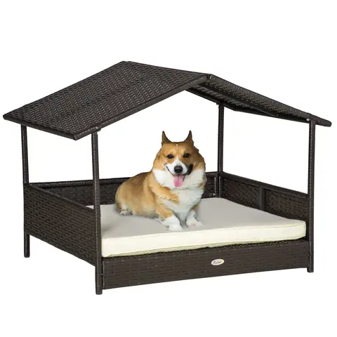 PawHut Wicker Dog Bed, Elevated Rattan Dog House with Removable Cushion and Canopy, for Small and Medium Dogs Cream