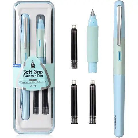 WRITECH Kugelschreiber mit weichem Griffsegment, feine Spitze, schwarze Tinte, inklusive 3 Tintenpatronen und 1 Ersatzspitzen-Set (Blau)