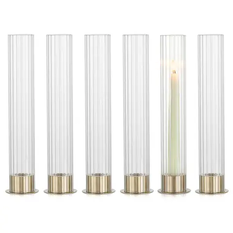 Candlestick Holder with Ribbed Hurricane: Set of 6 Metal Candle Holders with Glass Cylinders - Gold Taper Candleholders for Birthday Valentine Wedding Table Centerpiece Outdoor Decor