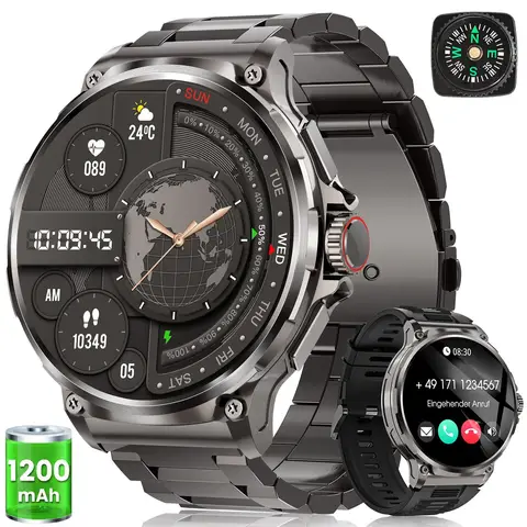 FOSMET V69 1200-mAh-Akku,Smartwatch Herren Militärqualität,60 Tage Standby Mit Herzfrequenz,SpO2 und Schlaf,Blutdruckmessung,1.92''AMOLED-Display,Android & iOS–Geschenkidee