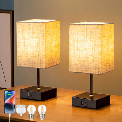 Dewenwils Edishine LED-Nachttischlampe mit Touch-Steuerung und Dimmfunktion, 2er-Pack, moderne Tischlampe, kleine Lampe, mit Ladefunktion, 2 USB-Anschlüsse, für Schlafzimmer, Wohnzimmer, Fensterbank, Geschenk, Beige [Energieeffizienzklasse F]