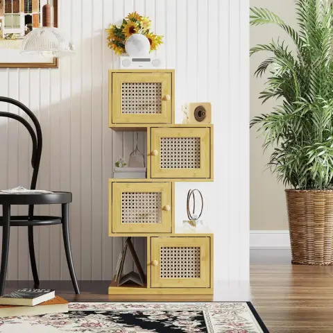 Caldion Bambus Bücherregal mit Rattan-Türen – Schmaler Aufbewahrungsschrank 85 x 40 x 25,4 cm, Regal mit 4 Fächern, Bücher- & Dekoregal für Wohnzimmer, Schlafzimmer & Flur, Natur
