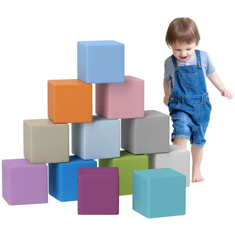 HOMCOM 12 Piece Soft Play Foam Blocks Toy Building Stacking Compliant Learning Toys for Toddler Baby Kids Preschool Blue