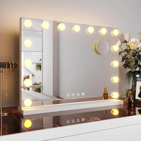 SONNI Makeup Mirror 58x43cm, Hollywood Mirror with Lighting, 3 Light Modes, with USB and Bluetooth, Vanity Mirror with 10X Detachable Magnifier, Wall Mirror, Table Mirror, White