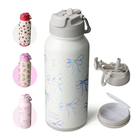 Bottle Bottle Gourde isotherme de sport 32 oz (946 ml) en acier inoxydable avec paille, couvercle double usage, porte-pilules et nœud pailleté, promotion Nouvel An, idée cadeau top
