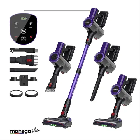 MonsgaClean M100 Aspirateur sans fil sur pied, 55 000 Pa, 50 min, pour la maison, écran tactile, lumière verte pour révéler la poussière, brosse roulante anti-emmêlement, réservoir à poussière XL, rechargeable, idéal pour poils d’animaux et tapis