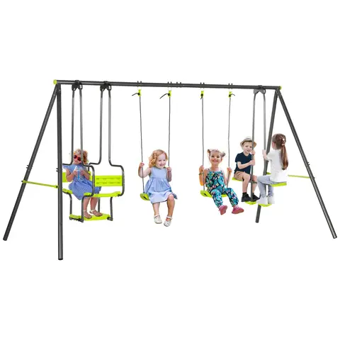 Outsunny Kids Swing Set, A-Frame Swing Set with Double Seats, 2 Single Swings, Glider for Outdoor, Playground, for Ages 3-8 years, Green