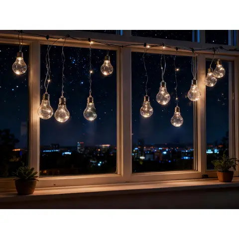 Guirlande lumineuse LED Globe avec ampoules transparentes | 10 LED blanc chaud 5L, 10 ampoules (6 × 9 cm/ampoule), espacement de 30 cm, câble transparent de 50 cm, base en métal argenté | Boîtier pour 3 piles AA (usage intérieur/minuterie), piles non incluses