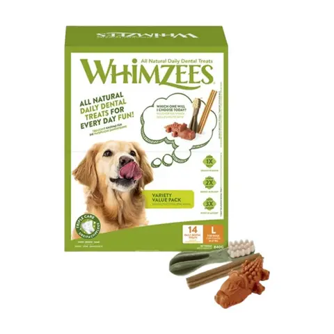 Whimzees Vielfaltsvorteilspackung Zahnkauartikel für Hunde L (18-27 kg) 14 Stück 840 g