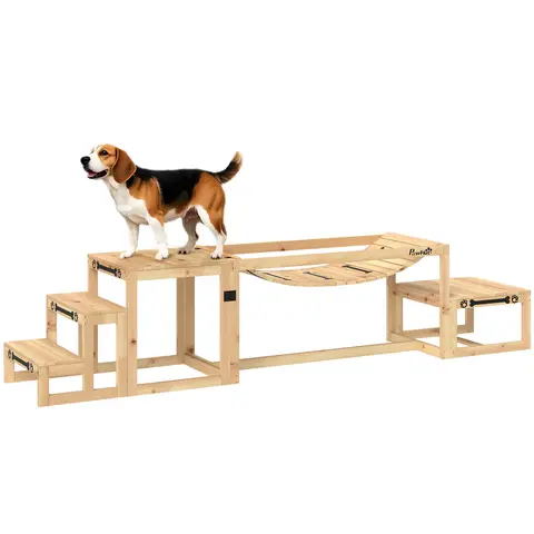 PawHut Dog Agility Equipment 3 Pieces Wooden Dog Agility Set with Soft Bridge, Pause Platform and Pet Stair for Outdoor, Natural Wood