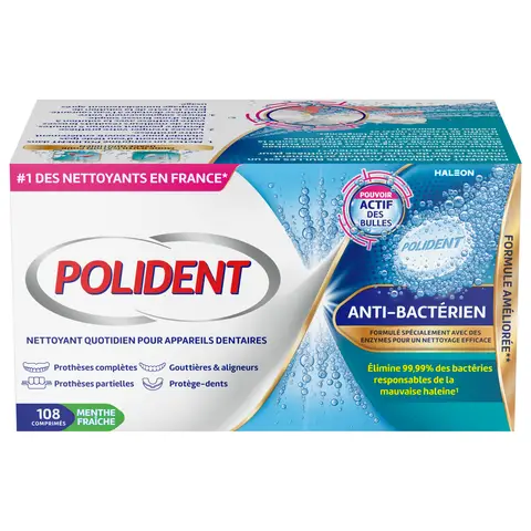 POLIDENT Pouvoir Actif - Nettoyant Appareil Dentaire Anti-Bactérien - 108 Comprimés