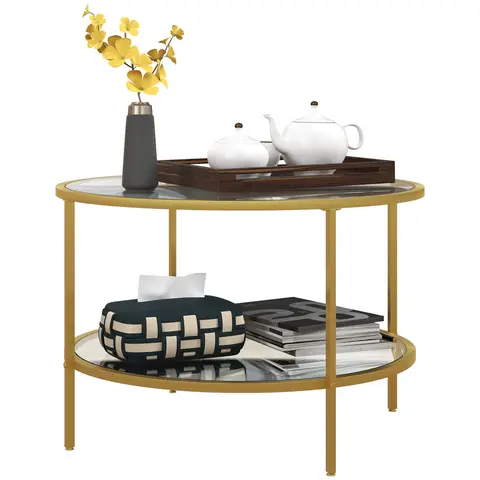 HOMCOM 2-Tier Round Coffee Table, Tempered Glass Coffee Table with Storage and Steel Frame for Living Room, Gold Tone