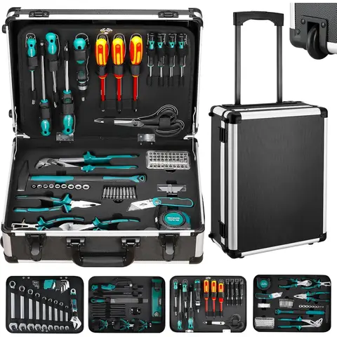 Ensemble d'outils de 128 pièces, avec fonction chariot, boîte à outils entièrement équipée, mallette d'atelier, pour bricoleurs, artisans, usage domestique, réparation de voiture, ateliers